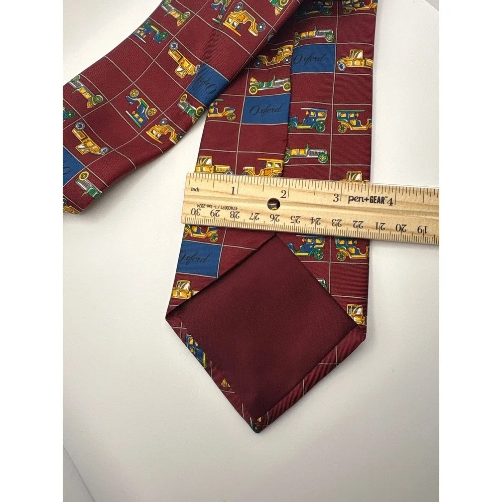 Oxford Mens Silk Tie Burgundy Vintage Antique Cars Novelty Grid Pattern Red